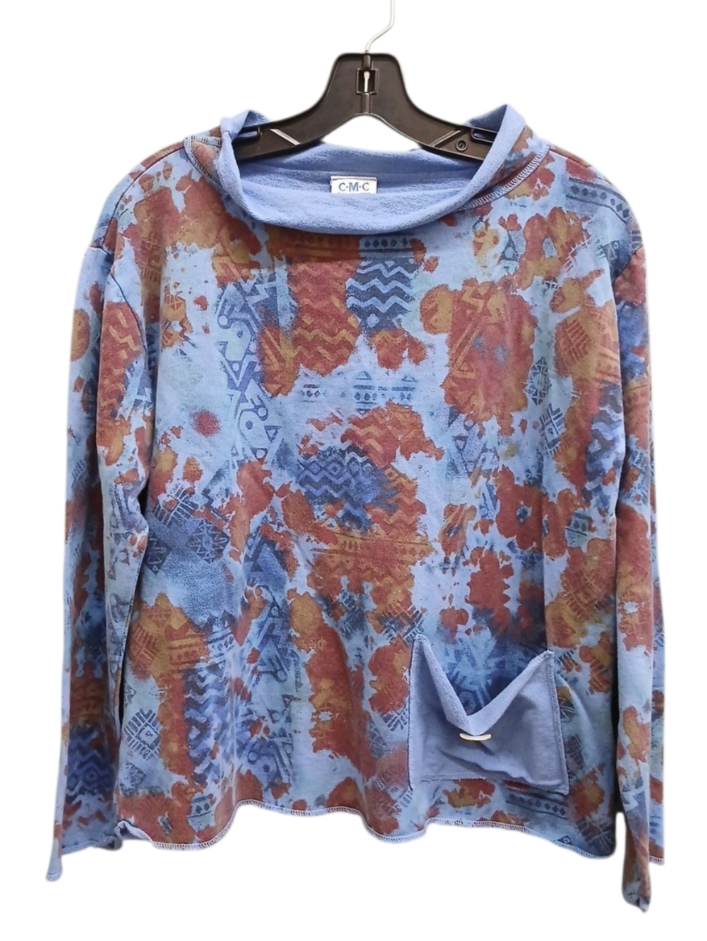 CMC Blue & Rust Patterned Oversized Funnel Neck Top Size Extra Small